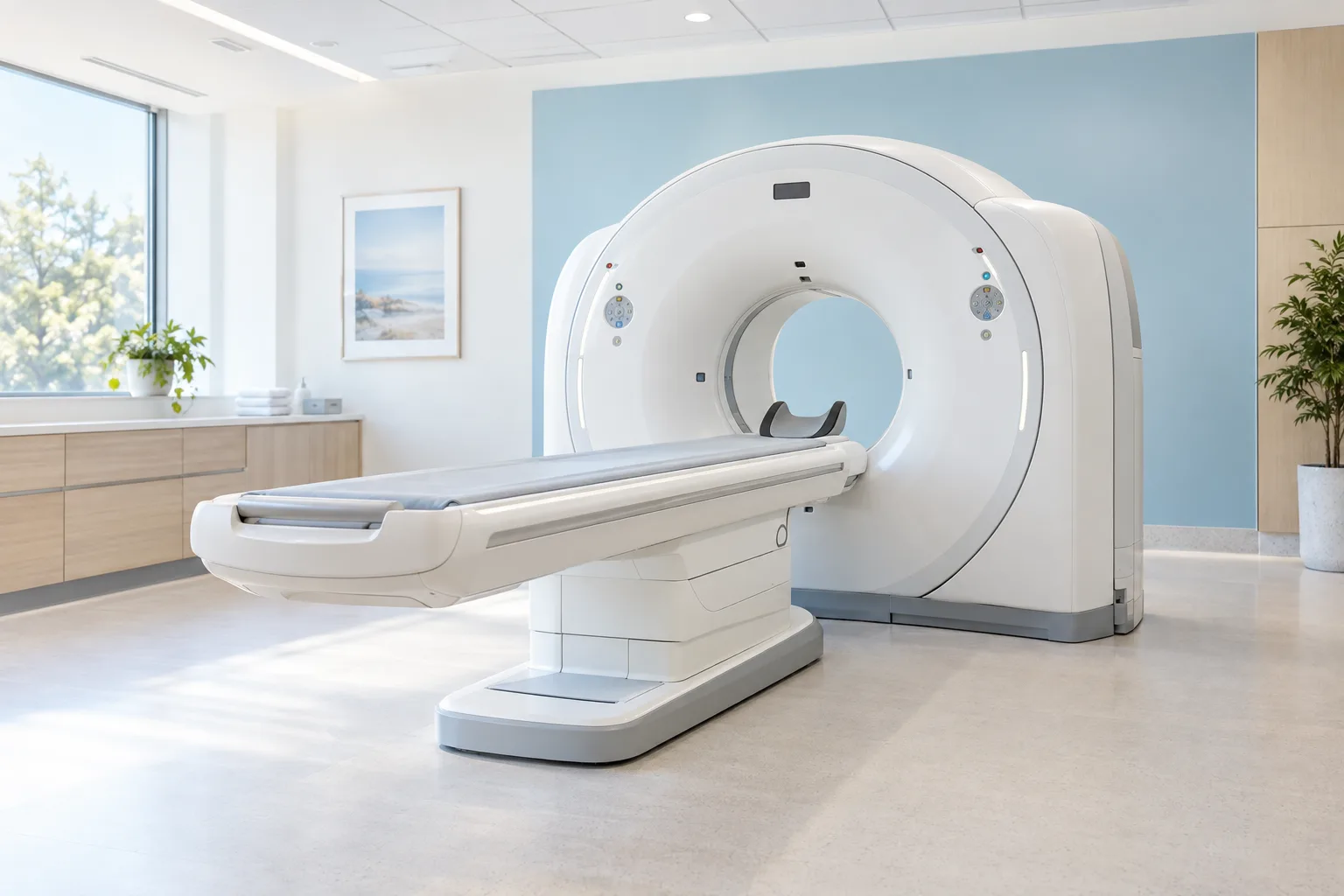 CT scanner in a bright examination room