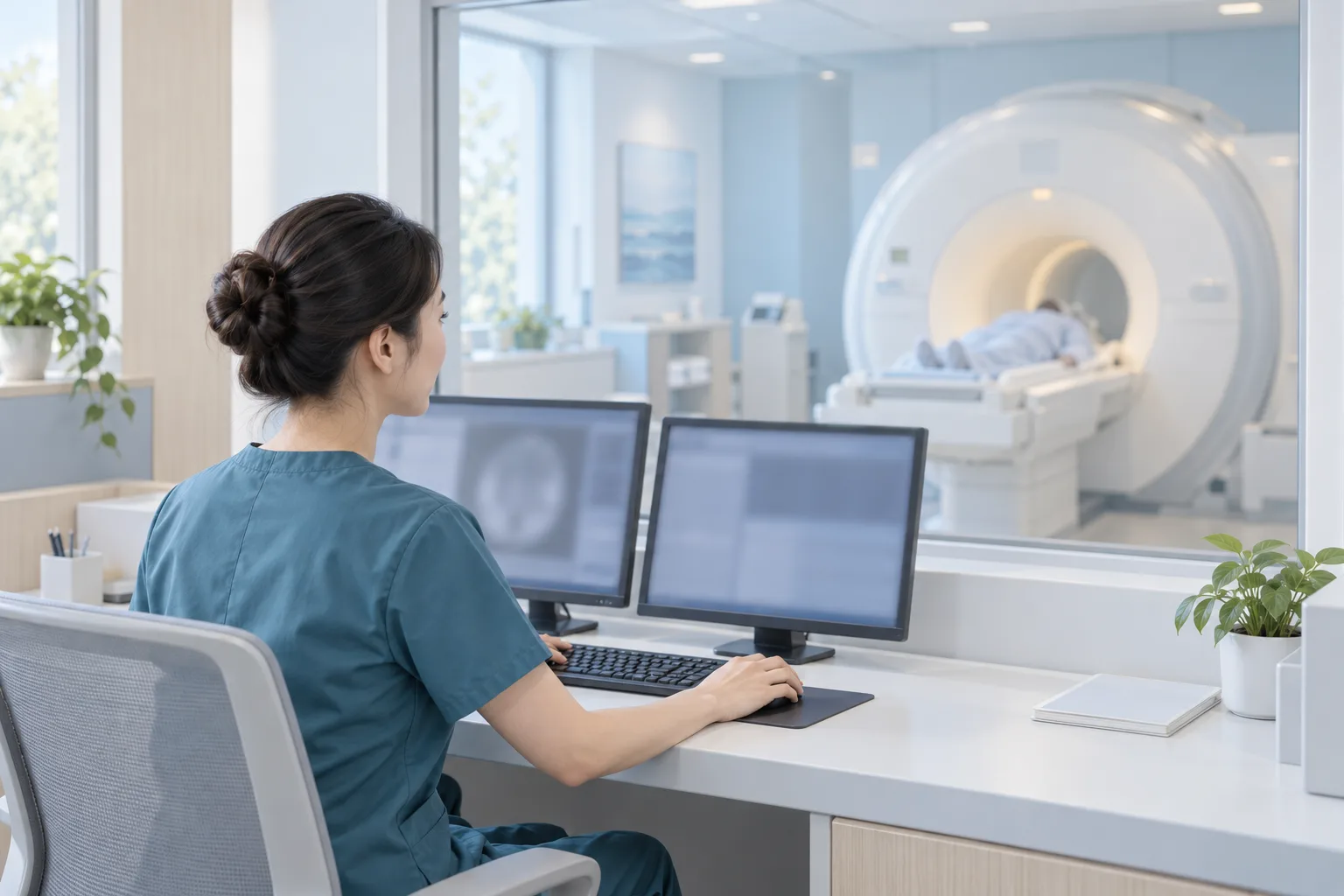 Radiographer at a console separated from the MRI room by an observation window
