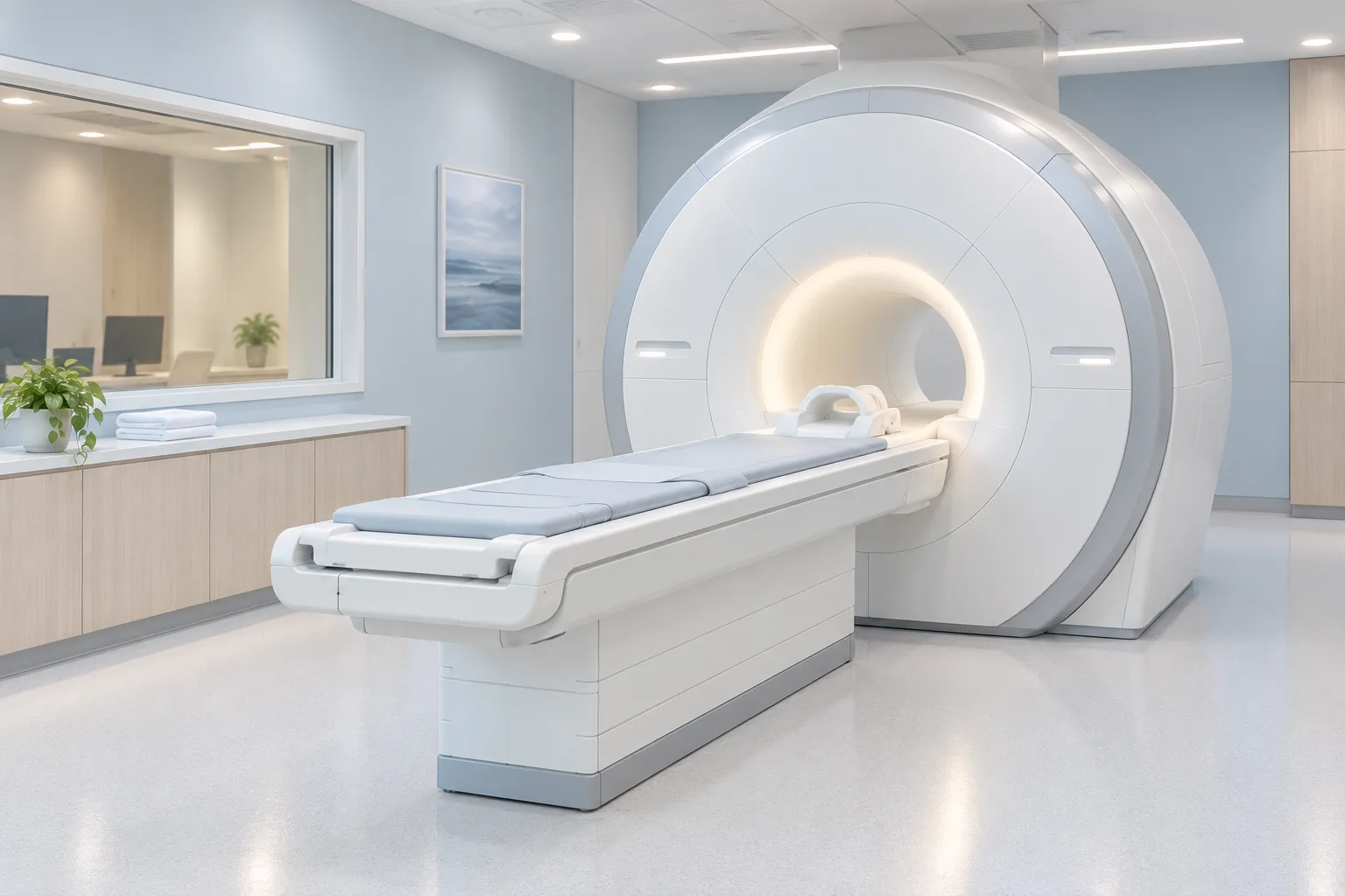 MRI room with a scanner and aligned examination table