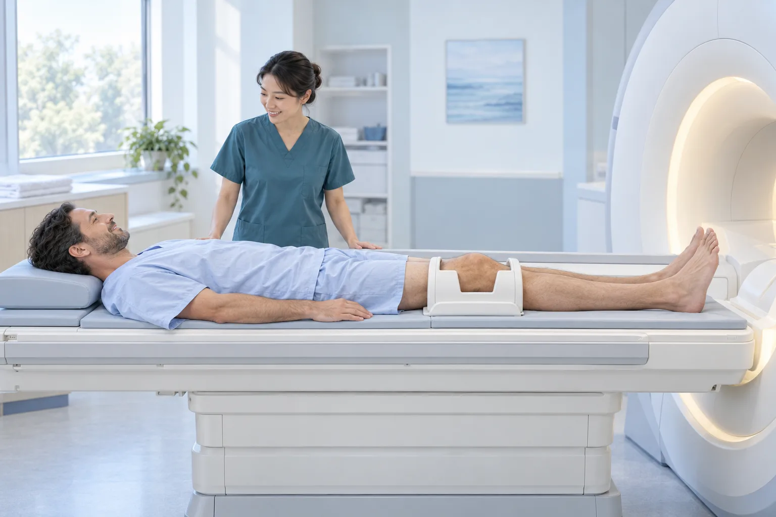 Side view of a patient positioned for a knee MRI
