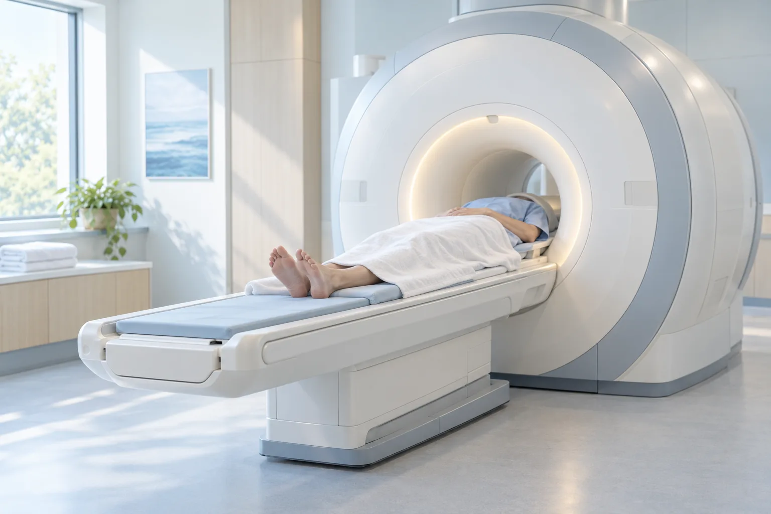 Patient lying on a table inside an MRI scanner